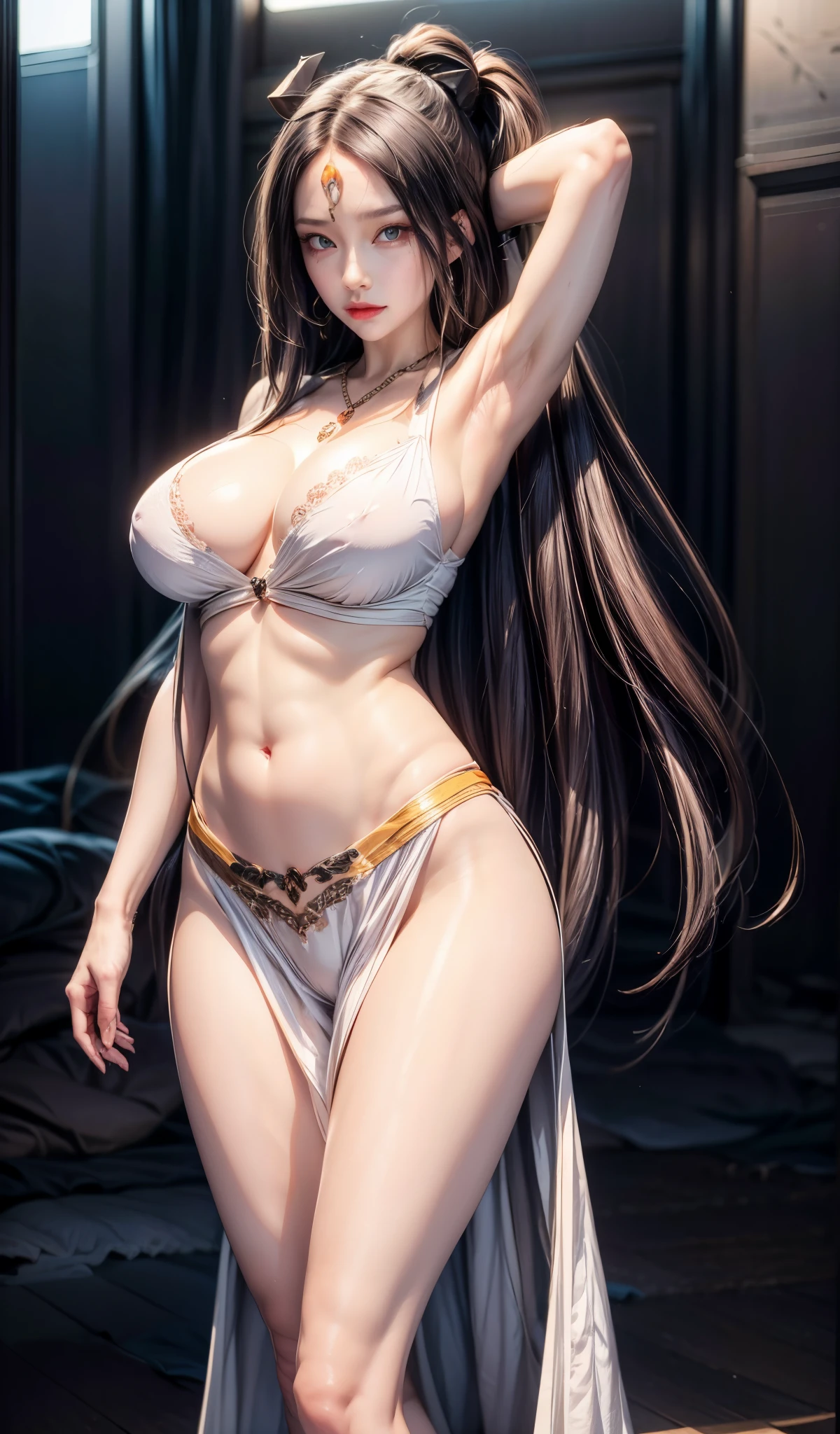 realistic, 1 women, best quality, 12k, HD, long hair, big round breasts, cleavage, ponytail, necklace, jewelry, shorts, short jacket, slim hips, hair tie, yellow eyes, black hair, super detailed, Eye details, hair details, person details, mouth details, face details, breast details, clothes details, hair details, pants details, hand details, whole body