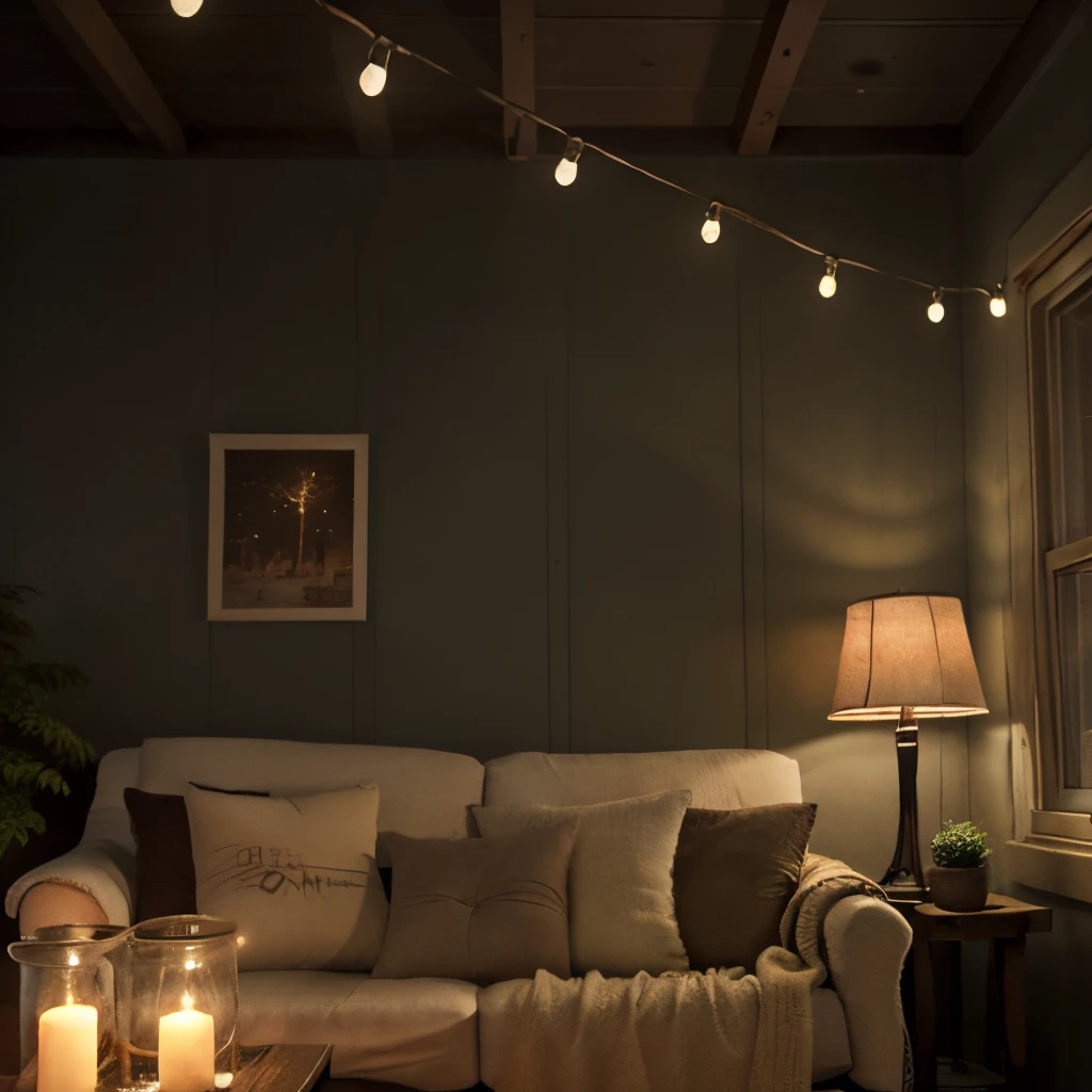 a close up of a couch on a porch with lights strung from the ceiling, cozy and peaceful atmosphere, cozy place, cozy lights, cozy and calm, cozy atmospheric, cozy setting, cozy lighting, comfy ambience, cosy atmoshpere, cosy vibes, cozy environment, dreamy and romantic, cozy night fireflies, soothing and cozy landscape, cozy atmosphere