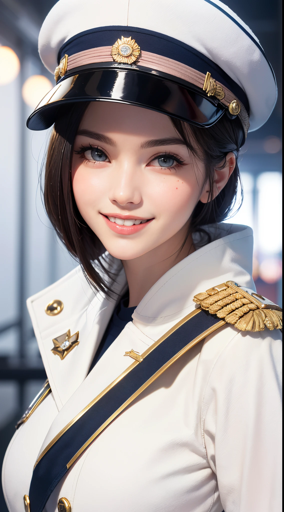(UHD, retina, masterpiece, ccurate, anatomically correct, textured skin, super detail, high details, high quality, best quality, highres, 1080P, HD, 4K, 8k, 16k), (beautiful detailed eyes, beautiful detailed lips, extremely detailed eyes and face), studio lighting, physically-based rendering, vivid colors, (big tits, super big tits, super extra big tits, glamorous body), (white navy coat, peaked cap, rank insignia:1.5), (portrait, shiny hair, shiny skin), (bokeh), (tilt your head to the side:1.5), eye reflection, (blush, smile:1.5),