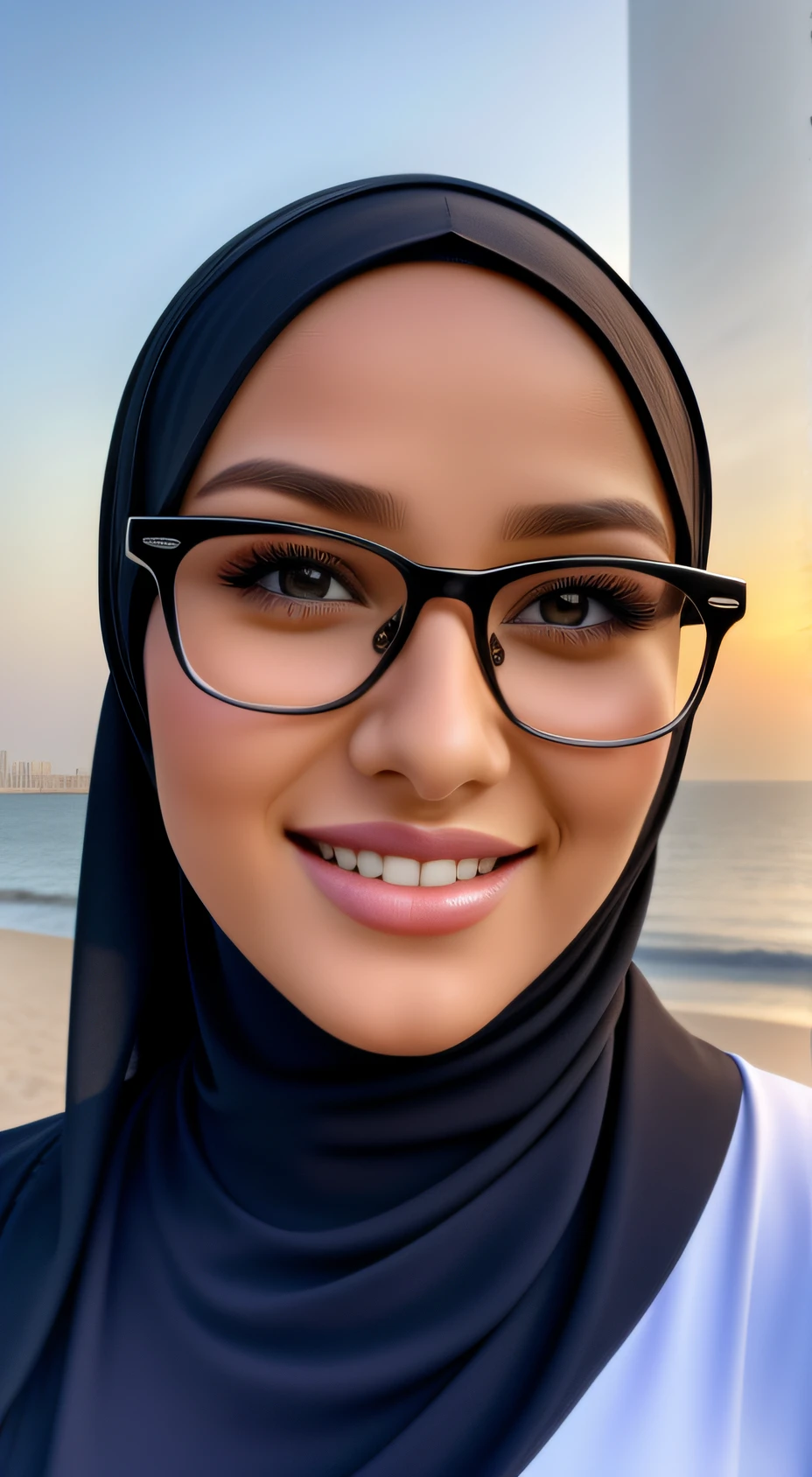 ultra realistic,16k, enhanced quality, perfect face, perfect hands, perfect body, ultra detailed,1girl, perfect hair, girl wearing glasses, perfect glasses, perfect smile, ultra realistic, ultra realistic background, ultra realistic sunset, ultra realistic clouds, standing in Dubai streets wearing face no close, girl look at viewer, ultra realistic glowing butterfly, girl wearing perfect hijab, ultra realistic particles, perfect duck lips, Islamic hijab,