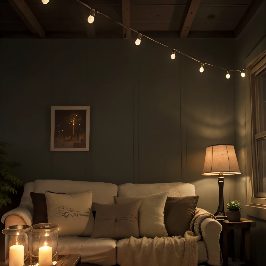 a close up of a couch on a porch with lights strung from the ceiling, cozy and peaceful atmosphere, cozy place, cozy lights, cozy and calm, cozy atmospheric, cozy setting, cozy lighting, comfy ambience, cosy atmoshpere, cosy vibes, cozy environment, dreamy and romantic, cozy night fireflies, soothing and cozy landscape, cozy atmosphere