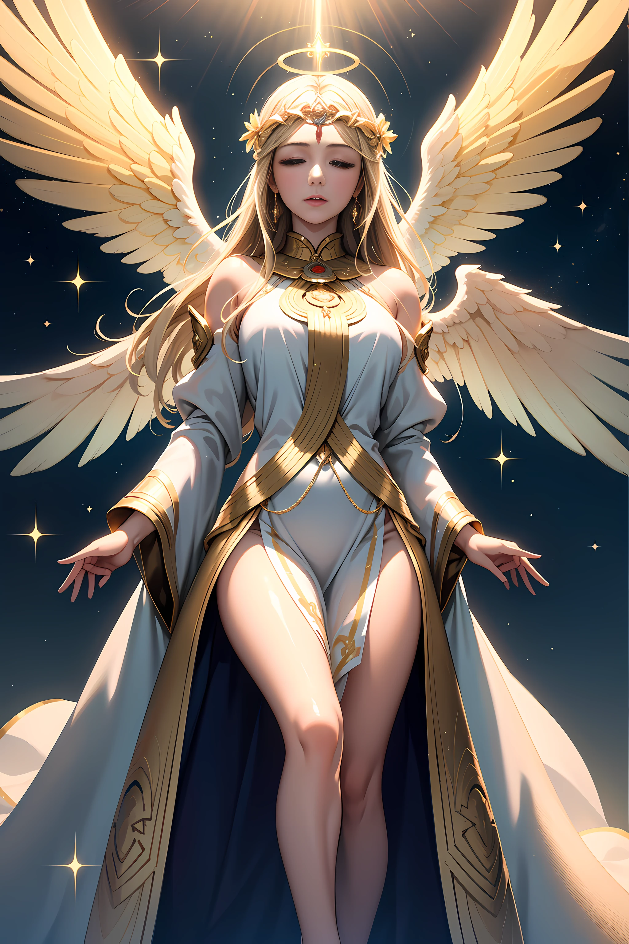 photorealistic, (hyperrealistic:1.2), beautiful, masterpiece, best quality, extremely detailed face, perfect lighting, nice hands, perfect hands, A divine and radiant angel in celestial splendor, (heavenly presence:1.2), (serene expression), (majestic wings), (ethereal glow:1.1), (peaceful and comforting), (transcendent beauty), (divine grace), (symbol of purity), (golden halo), (uplifting atmosphere), (celestial realm), (spiritual enlightenment), (gentle and protective), (illuminating light:1.2), (seraphic figure), (harmony and serenity), (angelic robes), (timeless and celestial), (captivating aura), (healing and guidance)