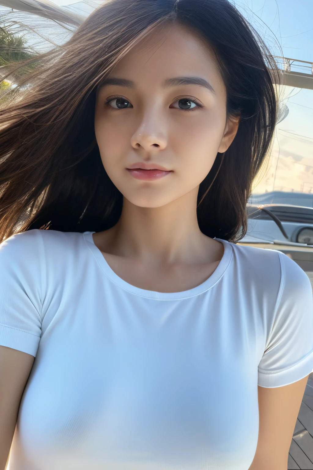 (Photo Real:1.4)、(hyper realisitic:1.4)、(realisitic:1.3)、 (Smoother lighting:1.05)、(Improved lighting quality in movies:0.9)、32K、 1girl in、20 years girl、Realistic lighting、back lighting、Facial light、raytrace、(Brightening light:1.2)、(Increase quality:1.4)、 (Top quality real texture skins)、finely eye、finerly detailed face、 (Tired, sleepy and satisfied:0.0)、close up of face、tshirts、 (Bodyline mood improvement:1.1)、glowy skin