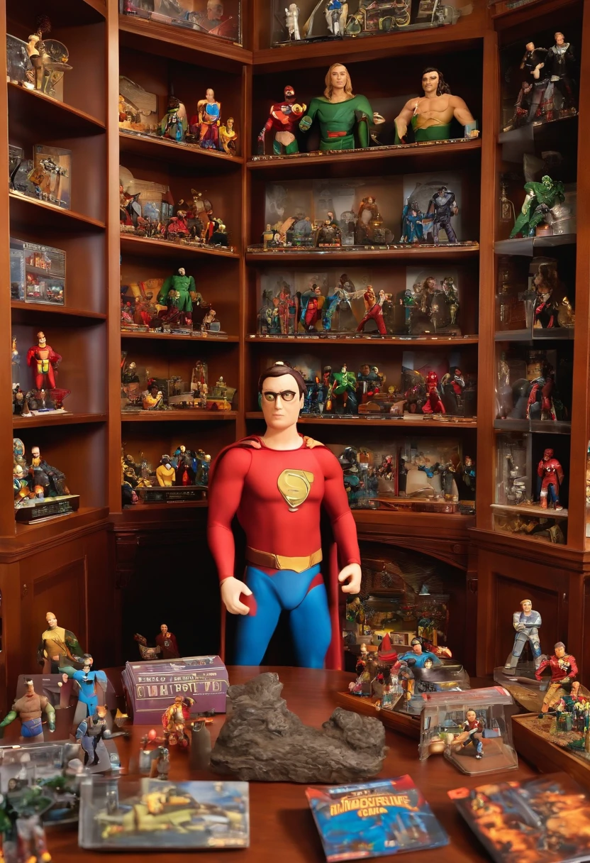 A photo of a meticulously arranged collection of comic books and action figures on display,The Big Bang Theory TV Show,Sheldon Cooper, male