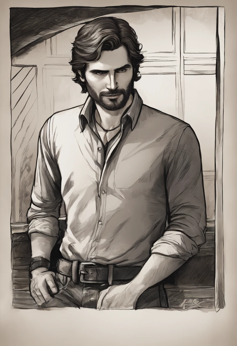 The image is of a secluded, candle-lit room with antique furnishings and shelves lined with old, leather-bound books, casting dancing shadows as the flames flicker.,Alan Wake game series,Alan Wake is depicted as a middle-aged man with a distinctive appearance that reflects his personality and experiences.

1. Facial Features: Alan Wake has a rugged and somewhat weathered face, suggesting the weight of his experiences. He often sports a short beard or stubble, adding to his slightly disheveled appearance. His facial expressions convey a range of emotions, from determination to weariness, reflecting the challenges he faces.

2. Hair: Alan Wake has dark brown hair that is typically styled in a slightly unkempt manner. His hair may appear tousled or windswept, giving him a somewhat disheveled yet stylish look. As the game progresses, his hair may become more disheveled, reflecting the toll of his journey.

3. Clothing Style: Alan Wake's clothing style is casual and practical, reflecting his no-nonsense approach to life. He is often seen wearing dark-colored jeans or cargo pants, paired with a button-down shirt, and a jacket or a hoodie. His attire is functional, allowing him freedom of movement during his encounters with supernatural forces.

4. Accessories: Alan may be seen wearing accessories that reflect his writer's persona. He might have a worn leather bracelet or a pendant around his neck, symbolizing his connection to his craft and the power of storytelling. Additionally, he may carry a small notebook or a pen, ready to capture ideas and inspirations that come to him.

5. Body Language: Alan Wake's body language often reflects a sense of determination and focus. He may exhibit signs of weariness or tension, especially during intense or suspenseful moments. His posture may become more relaxed during quieter moments, showcasing a contemplative and introspective demeanor.

6. Face: Alan Wake has a square-shaped face with defined jawline and slightly pronounced cheekbones. His complexion is fair, with a hint of a tan, indicating his time spent outdoors. His forehead may show faint lines of worry, reflecting the weight of his experiences and the challenges he has faced.

7. Eyes: Alan's eyes are one of his most striking features. They are a deep shade of brown, often described as intense and expressive. They carry a mix of determination and weariness, reflecting the emotional and physical toll of his journey. In moments of heightened tension or concentration, his eyes may exhibit a steely focus.

8. Hair: Alan Wake's dark brown hair is typically kept at a medium length, falling just above his shoulders. It has a slightly messy and tousled appearance, as if windblown or from running his fingers through it. The hair may have natural waves or slight curls, adding to his casual and slightly disheveled style.

9. Facial Hair: Alan often sports a well-groomed but scruffy beard that accentuates his rugged look. The beard is short to medium length, providing a touch of maturity and adding to his slightly worn appearance. It may be neatly trimmed along the jawline and upper lip, but not meticulously styled.

10. Clothing Style: Alan usually dresses in practical and comfortable attire suitable for his adventures. He may wear dark-colored jeans that are slightly faded or worn, paired with a plain or subtly patterned button-down shirt. Over the shirt, he may wear a worn leather jacket or a hoodie, providing protection from the elements while maintaining a casual and slightly rugged aesthetic.

11. Accessories: As a writer, Alan may be seen wearing a few accessories that reflect his profession and personality. He might have a leather wristband or bracelet adorned with small charms or symbols that hold personal significance. Additionally, he may wear a pendant around his neck, possibly featuring a symbol related to the themes explored in his writings.

12. Posture and Body Language: Alan Wake carries himself with a mixture of confidence and weariness, mirroring his experiences and challenges. He may stand tall and self-assured during moments of determination, but his posture can also reveal a sense of burden or fatigue. When engaged in intense situations, his body language may become more alert and focused, displaying a readiness to confront the unknown.

13. Face: Alan Wake has a strong, angular face with a defined jawline and high cheekbones. His facial structure gives him a rugged and masculine appearance. Lines of age and experience are etched subtly around his eyes and forehead, indicating a life filled with challenges and emotional depth.

14. Eyes: Alan's eyes are deep-set and captivating. They are a rich, dark brown, often described as windows to his soul. His eyes hold a mix of intensity and vulnerability, displaying a keen intelligence and a hint of sadness. They are framed by thick, slightly arched eyebrows that add to his expressive gaze.

15. Nose: Alan has a straight and slightly prominent nose that adds to his strong and assertive facial features. It provides a sense of character and determination, complementing his overall appearance.

16. Lips: His lips are well-defined and often wear a subtle, enigmatic smile. There is a touch of weariness in their curve, hinting at the burden he carries, but also a glimmer of hope and resilience.

17. Hair: Alan Wake's dark brown hair has natural waves and texture. It falls in loose, tousled layers, framing his face and giving him a slightly disheveled yet effortlessly stylish look. His hair may have streaks of lighter tones, suggesting sun exposure from his outdoor adventures.

18. Facial Hair: Alan often maintains a short, well-groomed beard that accentuates his rugged charm. The beard is neatly trimmed, highlighting his strong jawline and adding a touch of maturity to his appearance. It may be slightly scruffy in places, giving him a raw and authentic appeal.

7. Clothing Style: Alan's clothing style is a blend of practicality and a hint of literary flair. He may be seen wearing dark-colored jeans or cargo pants that fit comfortably but allow freedom of movement. His choice of shirts varies, ranging from solid-colored button-downs to plaid or subtly patterned shirts, reflecting his casual yet slightly unconventional personality. As outerwear, he often dons a worn leather jacket, adding a touch of ruggedness and a nod to his writer persona.

19. Accessories: Alan may accessorize with a few meaningful items. He might wear a silver ring on one of his fingers, adorned with a symbol that holds personal significance. Additionally, he may carry a weathered leather satchel or a messenger bag, containing a notebook, pens, and other essentials for his writing and investigative pursuits.

20. Scars or Marks: Depending on the events of the game, Alan Wake may have small, faint scars or marks on his face or hands, serving as reminders of the physical and emotional battles he has faced.

He is almost exactly looking like Ilkka Villi, just with a more pronounced beard., male