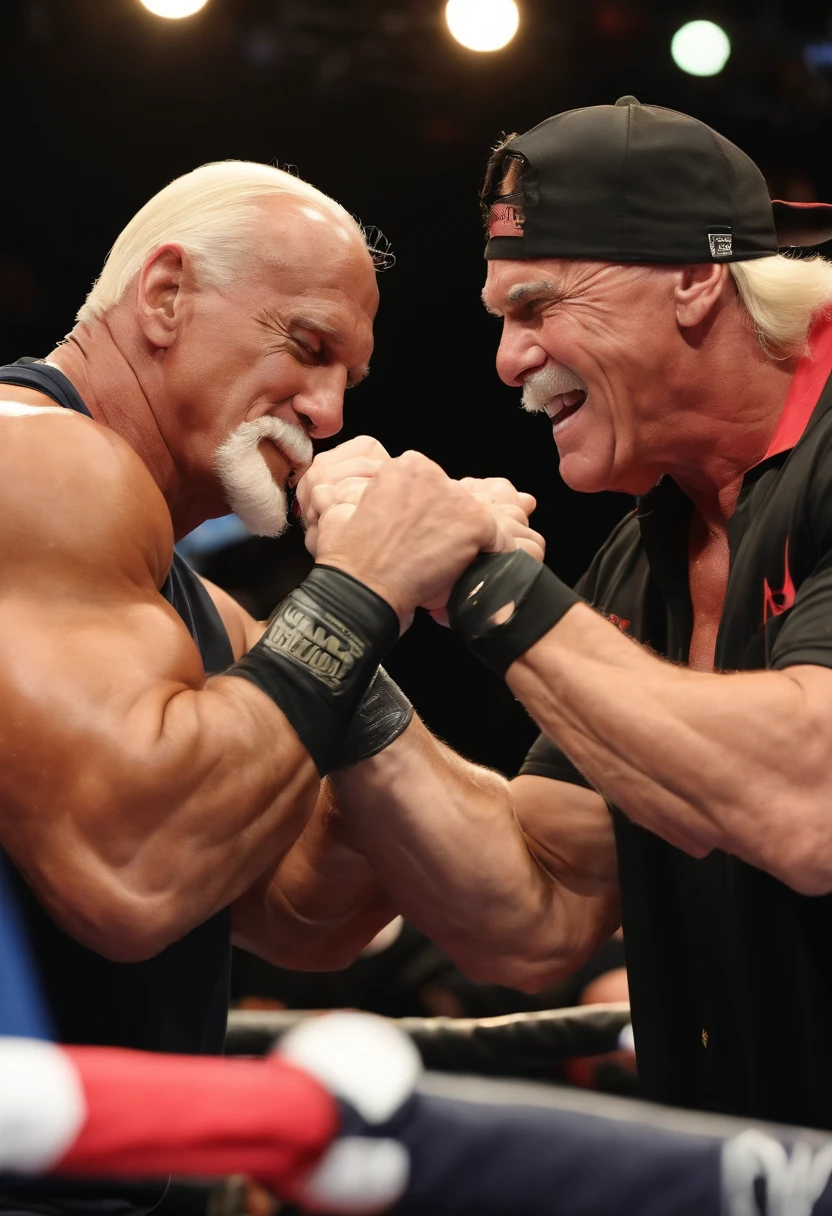 A shot of Hulk Hogan arm wrestling with John Cena at a charity event,WWE Wrestling,Hulk Hogan, male