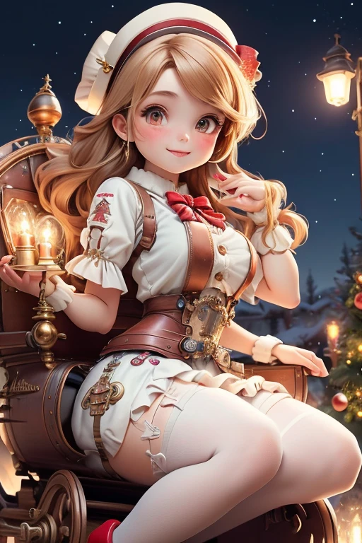 masterpiece, best quality, a girl smiling slouching on steampunk sleigh, christmas crop shirt, christmas skirt, white tights, red lolita pumps, holding a steampunk candle, magical garden at night, blue sparkles floating