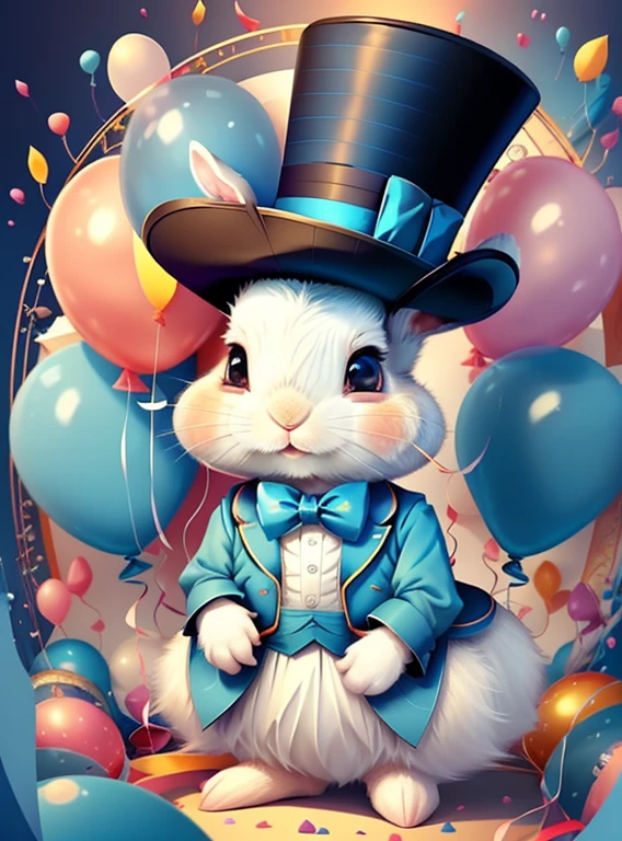 (cute baby rabbit with a blue top hat and ballons), Munchkin ,Geometric multidimensional wall portrait, livro de arte, Tchibi,
Yang08k, Beautiful, Colouring,
Obras, of the highest quality, best quality, Arte Oficial, Beautiful and Aesthetic,