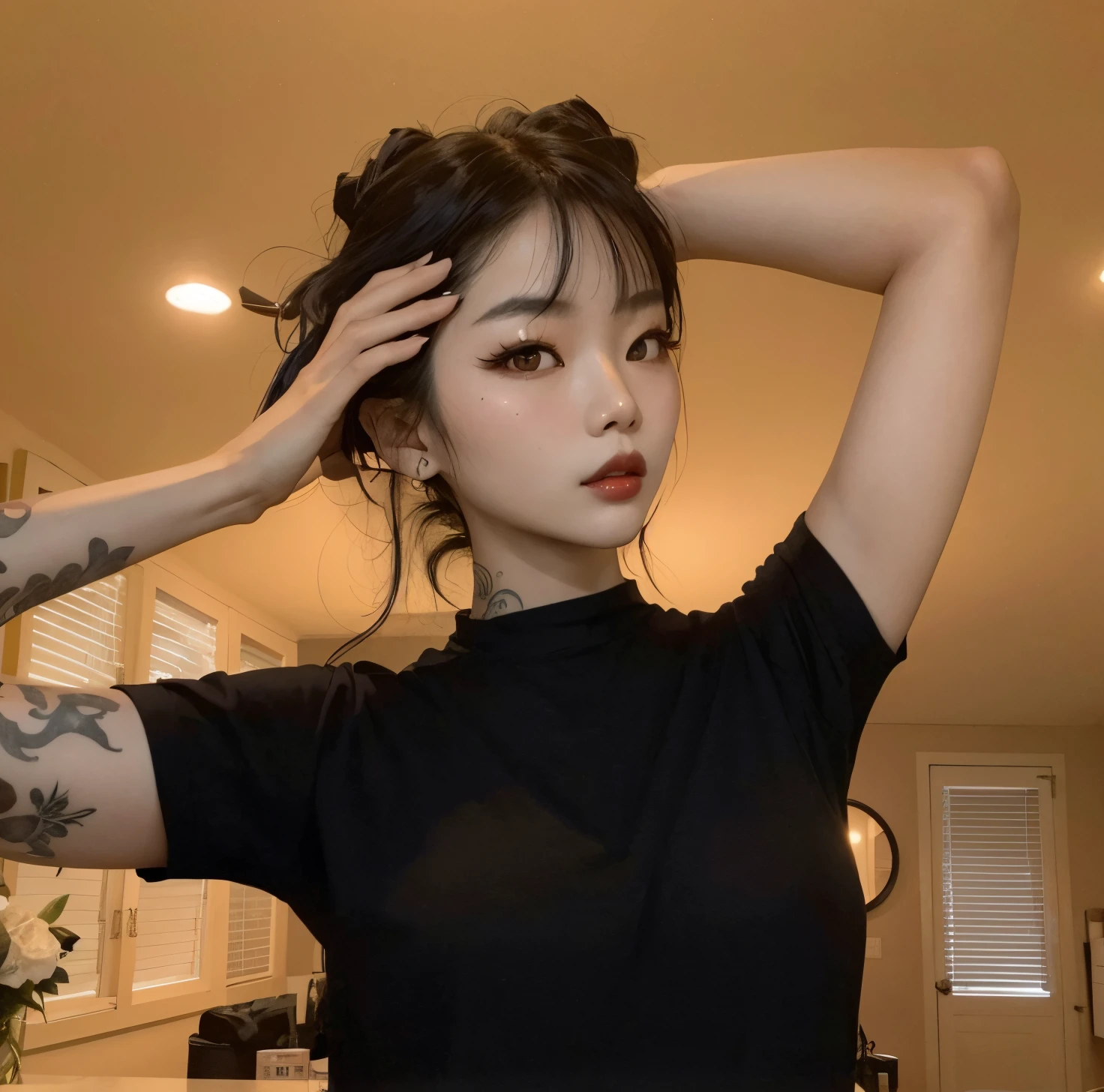 Araffada Asian woman with a tattoo on her arm and a black shirt., ulzzang, 🤤 girl portrait, Chica coreana, cruel korean goth girl, Hermosa joven coreana, maquillaje popular de Corea del Sur, goth girl aesthetic, Hermosa mujer surcoreana, maquillaje coreano popular, pale goth beauty, beautiful asian girl, Hermosa joven coreana, con el pelo corto, Jennie Kim, rostro Jennie Kim, black pinkw