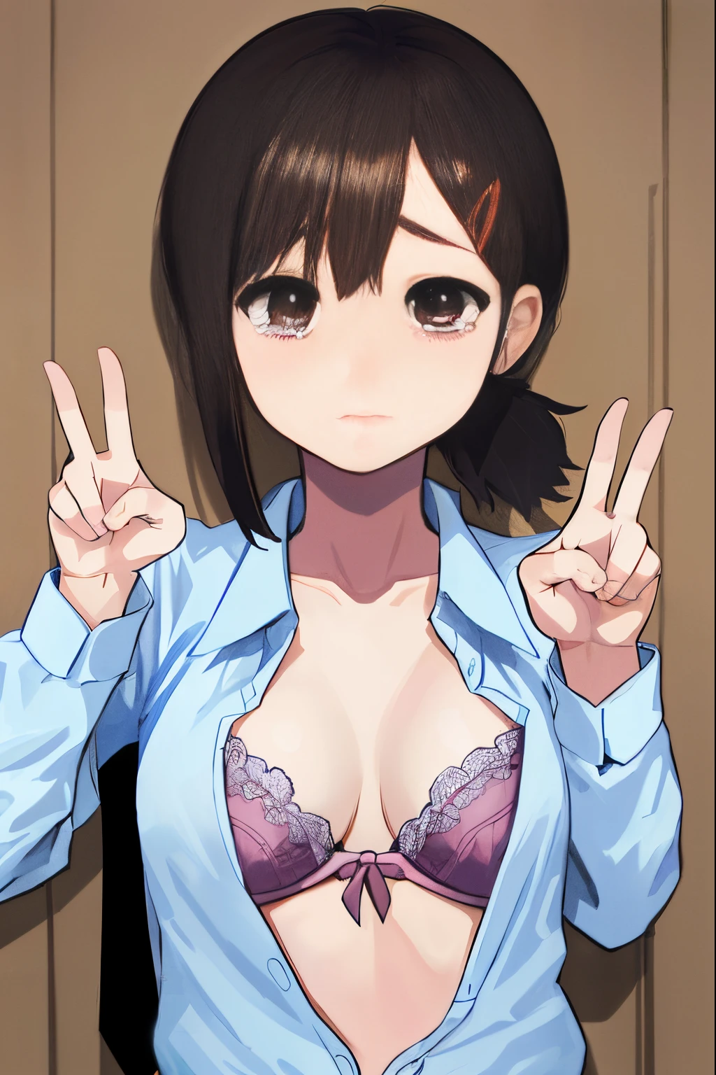 (sfw), (masterpiece:1.2), best quality, masterpiece, highres, original, extremely detailed wallpaper, (ultra-detailed), (best illustration), (best shadow), (Kobeni), small breasts, perky breasts, (white collared shirt), (blood stain:1.1), (horrified:1.2), (black necktie), (shirt stain), (stained), 1girl, looking at viewer, (scared:1.2), (tears:1.1), (brown eyes), (peace sign), unbuttoned shirt, open shirt, bra