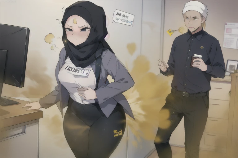 ((hijab girl))),wear hijab, women stand,eyllow smoke,Attacked by farts, Attack with farts,)),(attacks the male employee with farts)),((wearing shirt with and legging and  hijab)),velocity,, (((Yellow smoke is rising ))),((Hip Attack)),((fart while during meeting with employee),((Facing this way))),​masterpiece:1.2、top-quality)、(the Extremely Detailed CG Unity 8K Wallpapers、ultra-detailliert、Best Shadows)、(细致背景)、(The best lighting、extremely delicate and beautiful)、depth of fields,((Girl fart)),(big fart),(((((There is a male employee and a female boss.......))))),(((Female boss attacks male employee in the face with a hip attack..))),(((high-handed female model)),(((A male employee who endurance pain))),()),(,((fart text)),(THE TEXT:BBRRPPHHH)),((office room))