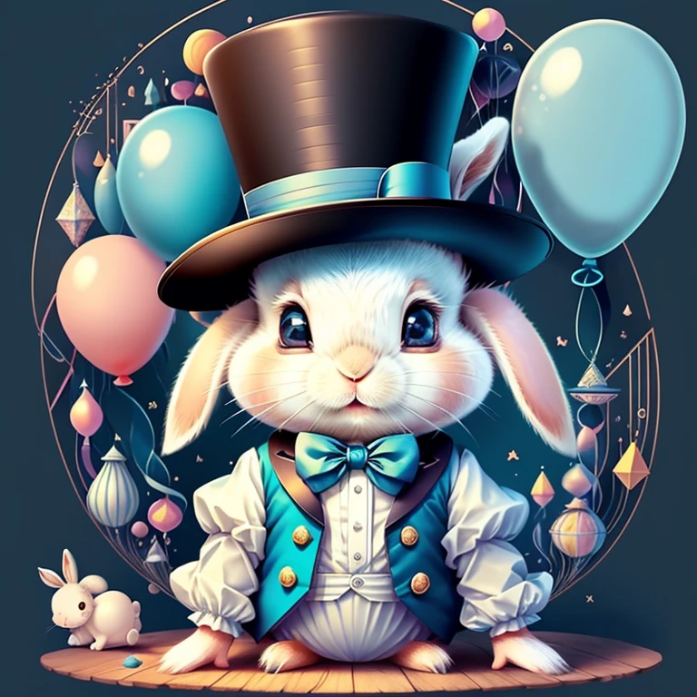 (cute baby rabbit with a blue top hat and ballon), Munchkin ,Geometric multidimensional wall portrait, livro de arte, Tchibi,
Yang08k, Beautiful, Colouring,
Obras, of the highest quality, best quality, Arte Oficial, Beautiful and Aesthetic,
