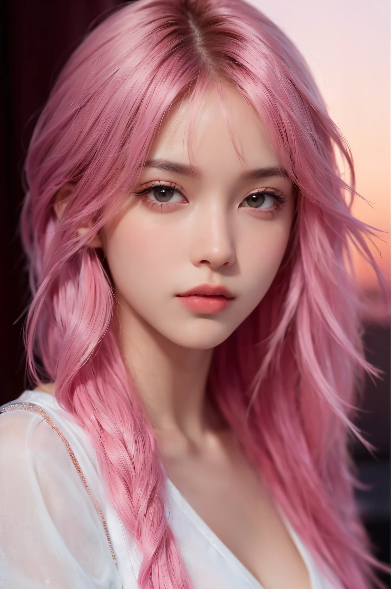 a close-up of a woman with pink hair and a white shirt, pink wispy hair, flowing pink hair, Kunstwerk im Stil von Guweiz, inspiriert von Yanjun Cheng, kawaii realistic portrait, photorealistic anime girl render, 3-D-Anime realistisch, Anime-Realismus-Stil, Realistischer Kunststil, Realistischer Anime-Artstyle, 8k artgerm bokeh