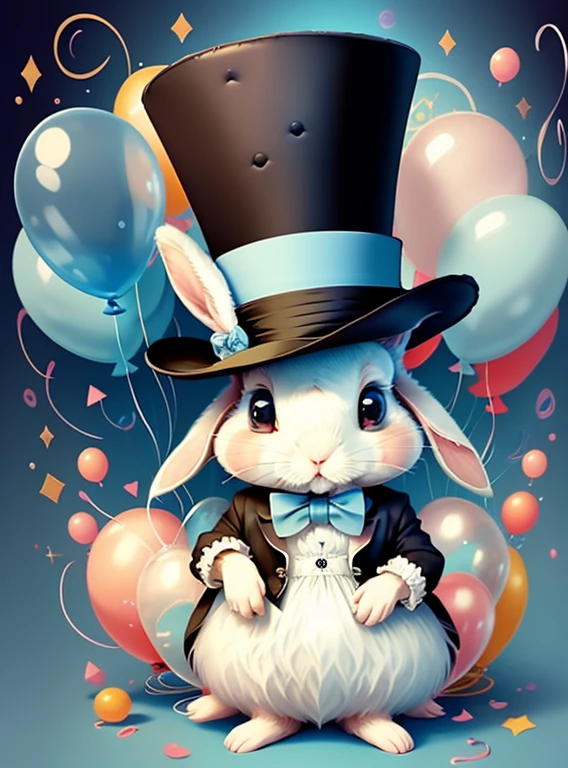 (cute baby rabbit with a light blue top hat and ballons), Munchkin ,Geometric multidimensional wall portrait, livro de arte, Tchibi,
Yang08k, Beautiful, Colouring,
Obras, of the highest quality, best quality, Arte Oficial, Beautiful and Aesthetic,