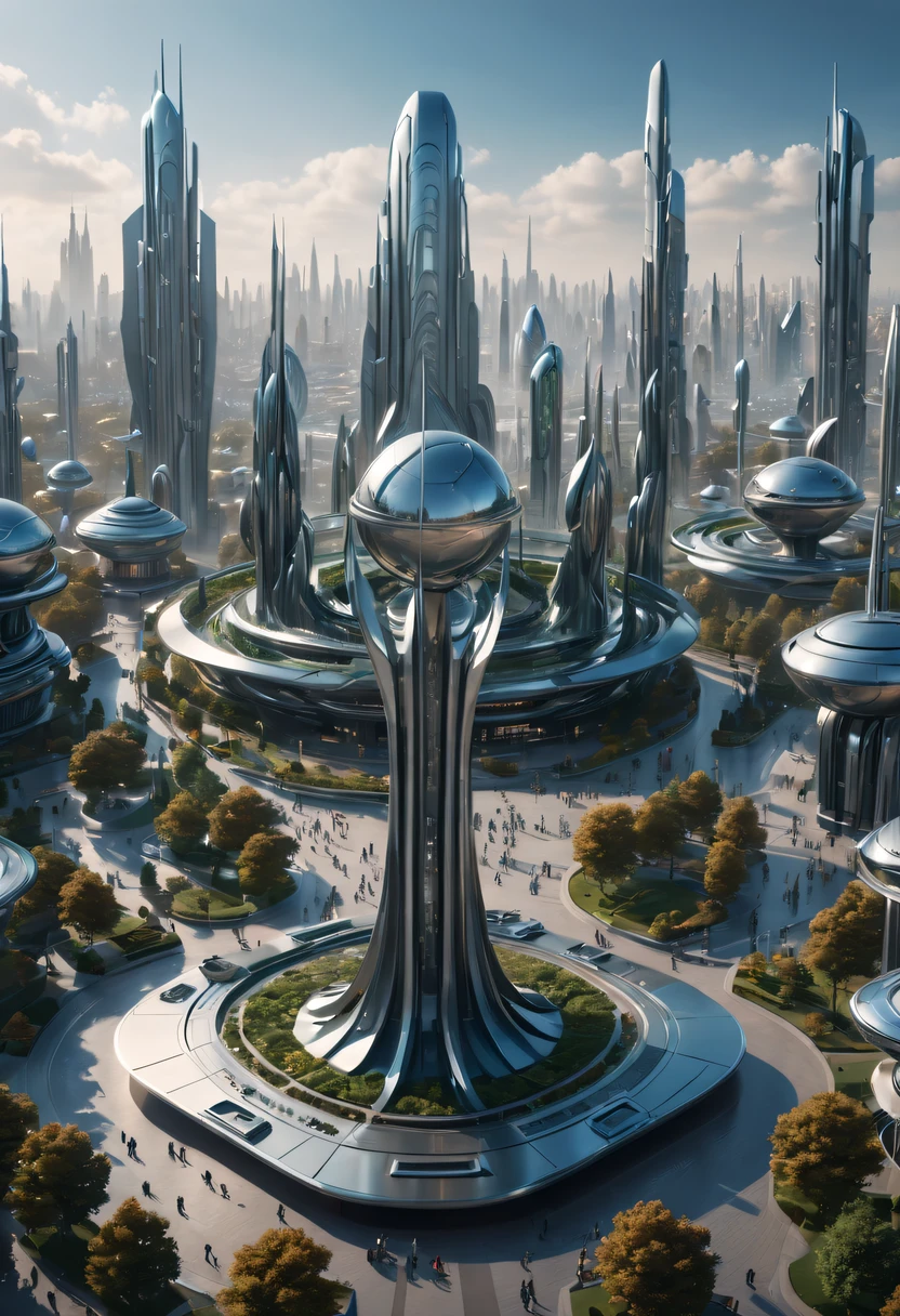 Best quality at best,4K,8K,A high resolution,tmasterpiece:1.2,beautiful utopian city,Metal sculpture in the square,in the style of futuristic