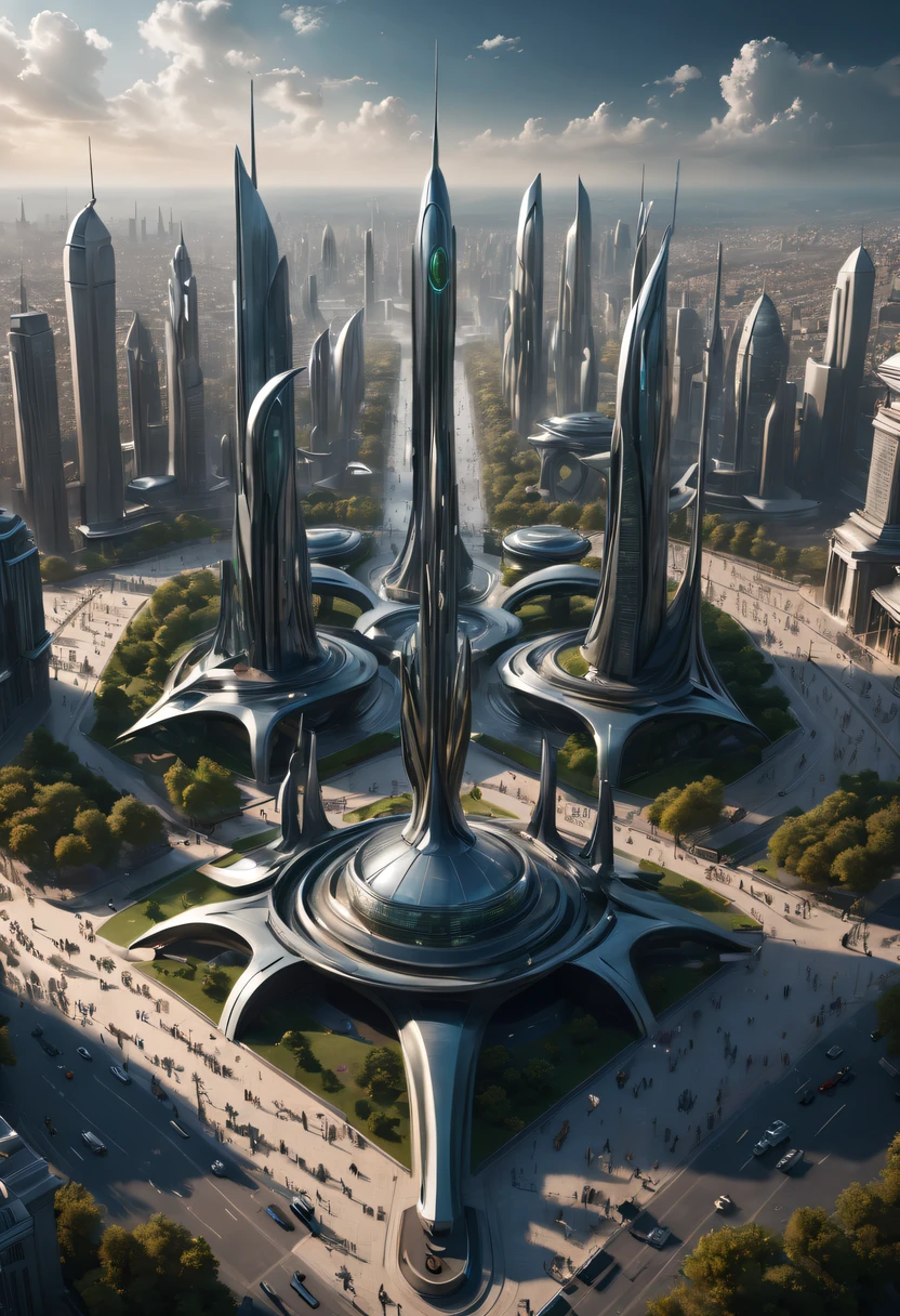Best quality at best,4K,8K,A high resolution,tmasterpiece:1.2,beautiful utopian city,Metal sculpture in the square,in the style of futuristic