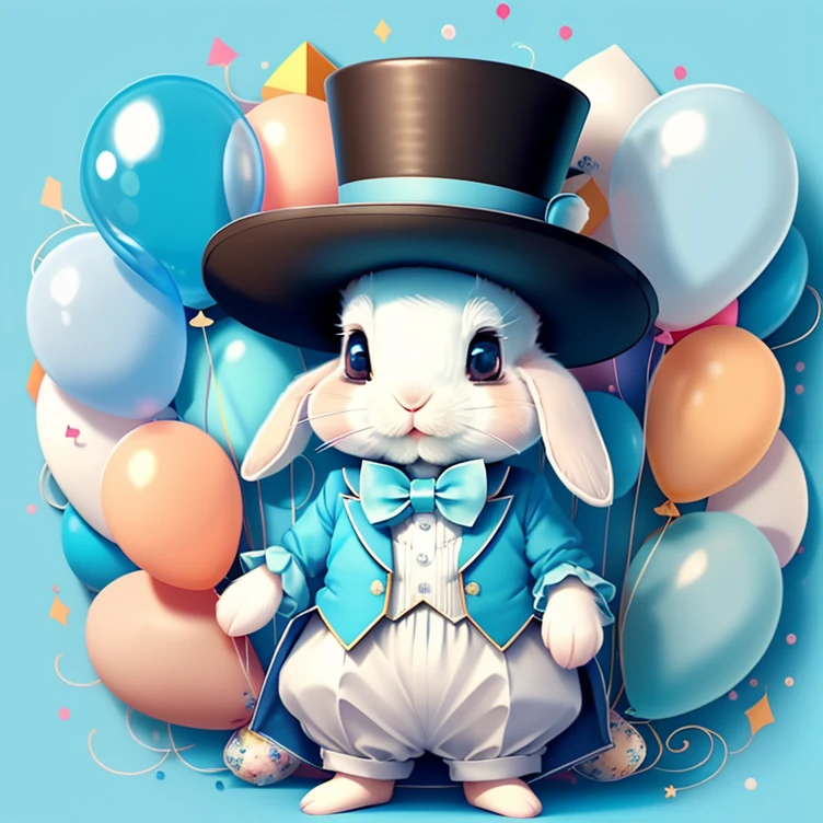 (cute baby rabbit with a light blue top hat and ballons), Munchkin ,Geometric multidimensional wall portrait, livro de arte, Tchibi,
Yang08k, Beautiful, Colouring,
Obras, of the highest quality, best quality, Arte Oficial, Beautiful and Aesthetic,