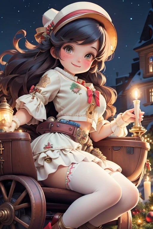 masterpiece, best quality, a girl smiling slouching on steampunk sleigh, christmas (crop shirt), christmas skirt, white tights, red ta pumps, holding a steampunk candle, magical garden at night, blue sparkles floating