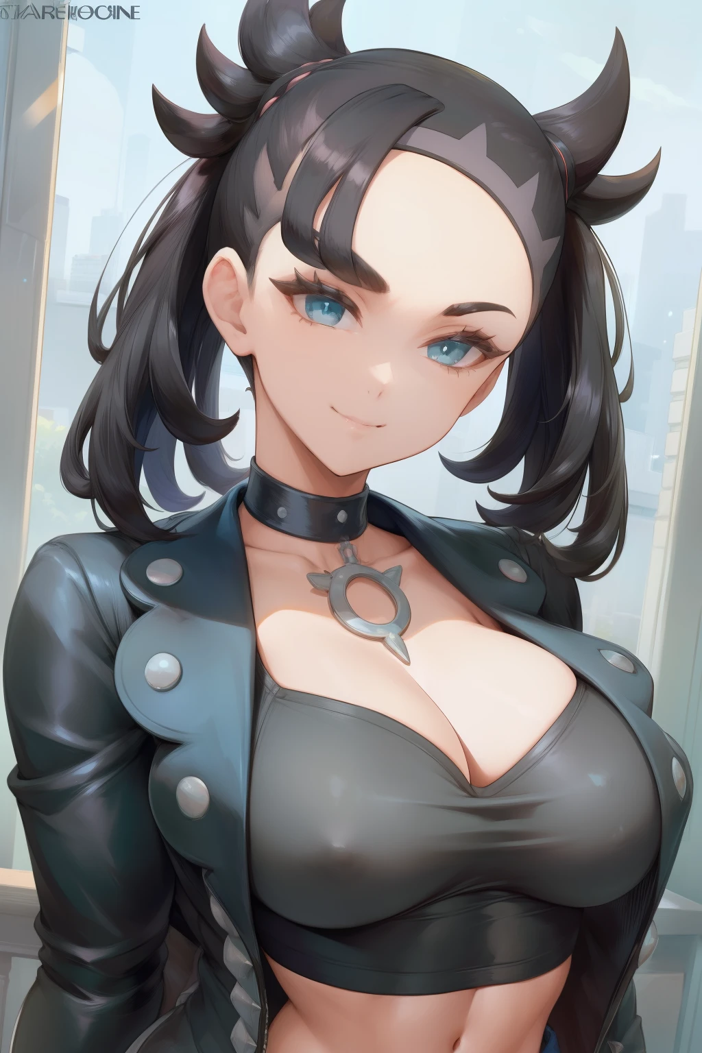 ((Marnie)), portrait, smiling, voluptuous, cleavage, black hair, wavy hair, gray croptop, long black jacket, blue jeans, face portrait, mature adult, upper body shot, undressing jacket