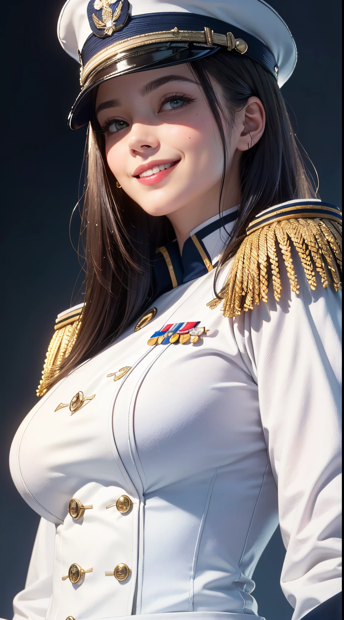 (UHD, retina, masterpiece, ccurate, anatomically correct, textured skin, super detail, high details, high quality, best quality, highres, 1080P, HD, 4K, 8k, 16k), (beautiful detailed eyes, beautiful detailed lips, extremely detailed eyes and face), studio lighting, physically-based rendering, vivid colors, (big tits, super big tits, super extra big tits, glamorous body), (white navy uniform, peaked cap, rank insignia:1.5), (portrait, shiny hair, shiny skin), (sunset, bokeh:1.5), (tilt your head to the side:1.5), eye reflection, (blush, smile, from below:1.5),