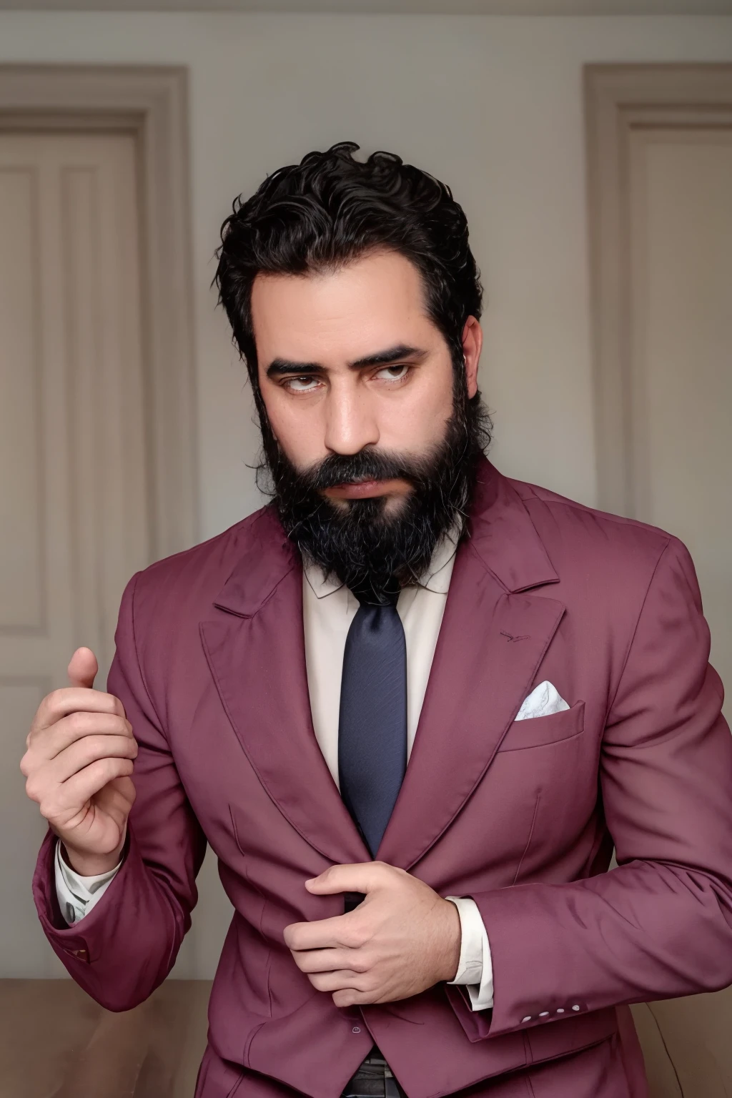 Generates a high-definition image of a 38-year-old man with a beard. El hombre tiene cabello oscuro, corto y despeinado. Presenta una mirada intimidante, seria y segura. Viste un elegante traje negro, con una camisa blanca y corbata negra. La imagen debe tener un estilo hiperrealista.., with lighting that softens the features and focuses attention on the quality of the suit and the neatness of its appearance