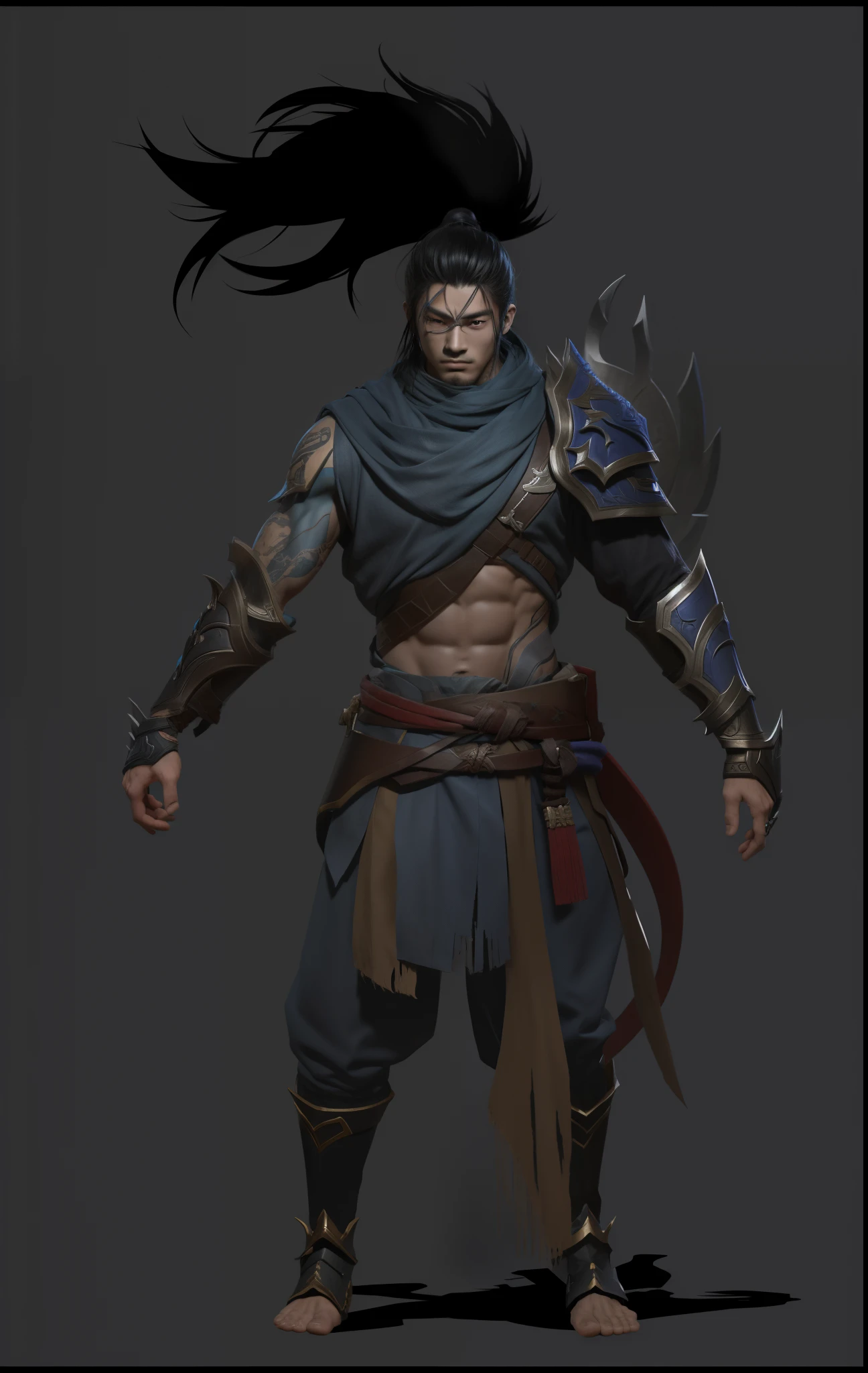 Close-up of Yasuo in League of Legends alone, feng zhu concept art, chengwei pan on artstation, concept art of a warrior, full body concept, G Liulian art style, male warrior, concept art characters, Inspired by Huang Shen, rpg concept art character, author:Hero, inspired by Li Kan, League of Legends character concept,league of legend,Yaso,Yasuo,Clear facial tattoos