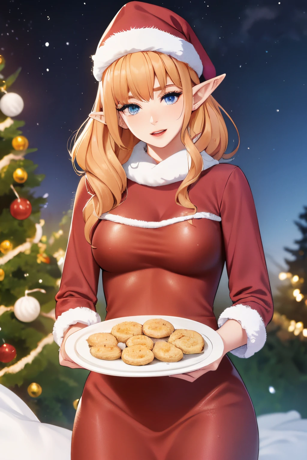 beautiful elf woman, Holly Sprinkletoes, detailed eyes and face, long eyelashes, pink cheeks, pointy ears, curly golden hair, graceful posture, wearing a festive green dress, holding a tray of burnt cookies, surrounded by flour and baking tools, in the lively kitchen of Miss Claus at the North Pole, with snow falling outside, a warm fireplace, vibrant colors, magical lighting, fantasy art, Ken Akamatsu style, high resolution, photorealistic, with bokeh, capturing the essence of the holiday spirit.