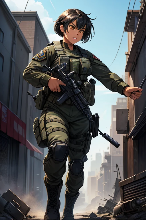 A boy in camouflage uniform,Run on the playground,harsh sunlight,positive vibe,artwork of a,flatillustration,Vito immediately modeled,16k,ultra - detailed