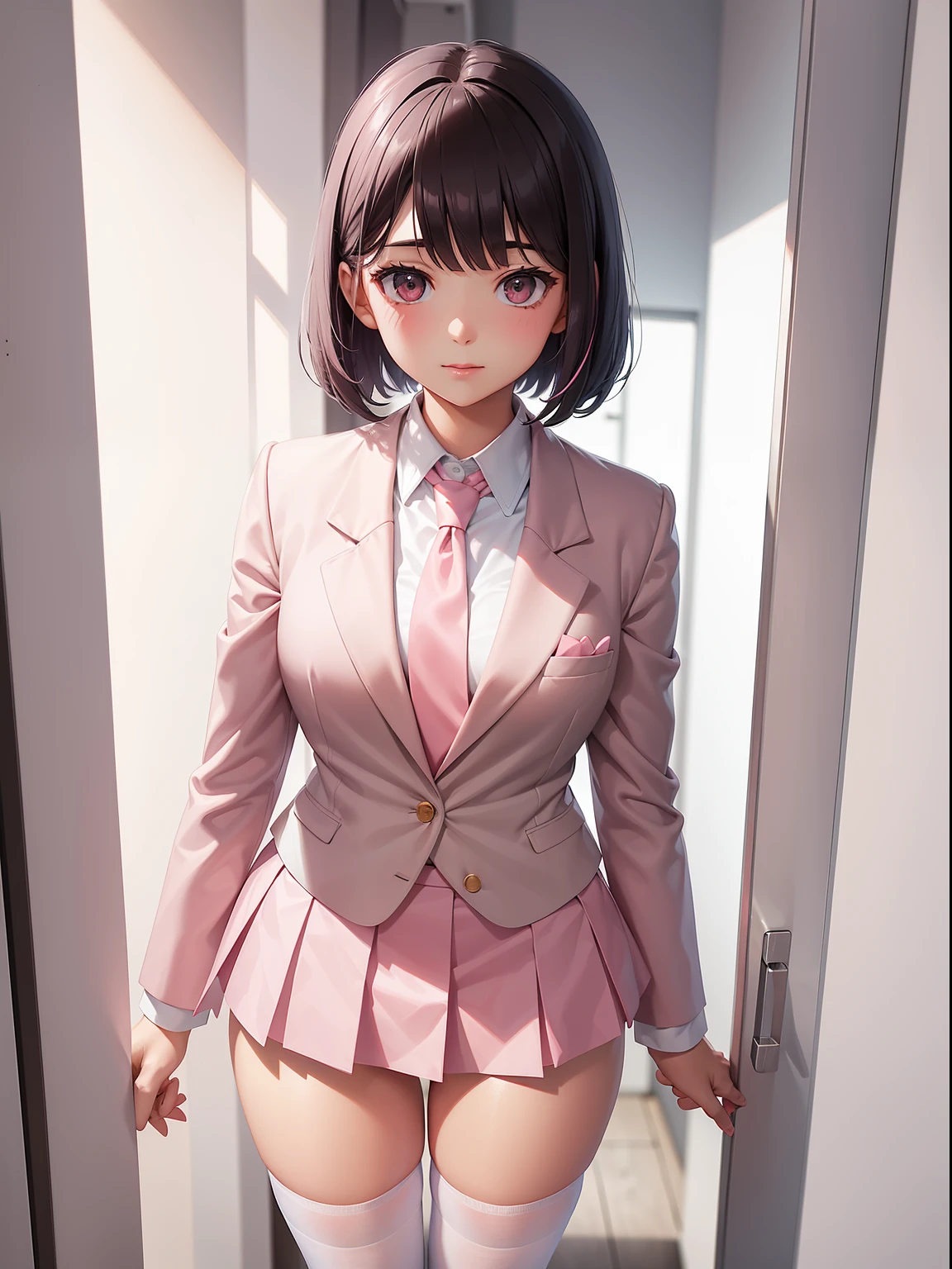 High Girl, White and pink blazer, Pink super mini skirt, Pink tie, knee high socks, short black bob haircut, Solo, academy、rainbows、brilliance、full bodyesbian, Looking at Viewer, Front view,