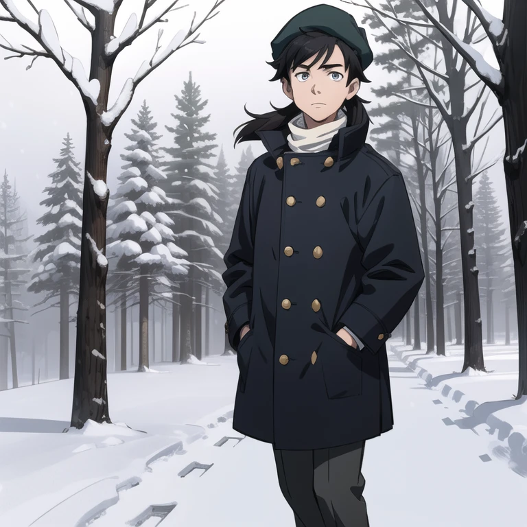 ((Wide Shot)) Casual winter clothes. Chiaroscuro. (Sketch) (Manga style) Christmas, a young boy with a long mullet haircut, big lips, and slanted eyes, wearing a hat. Winter season, snow and pine trees on the streets