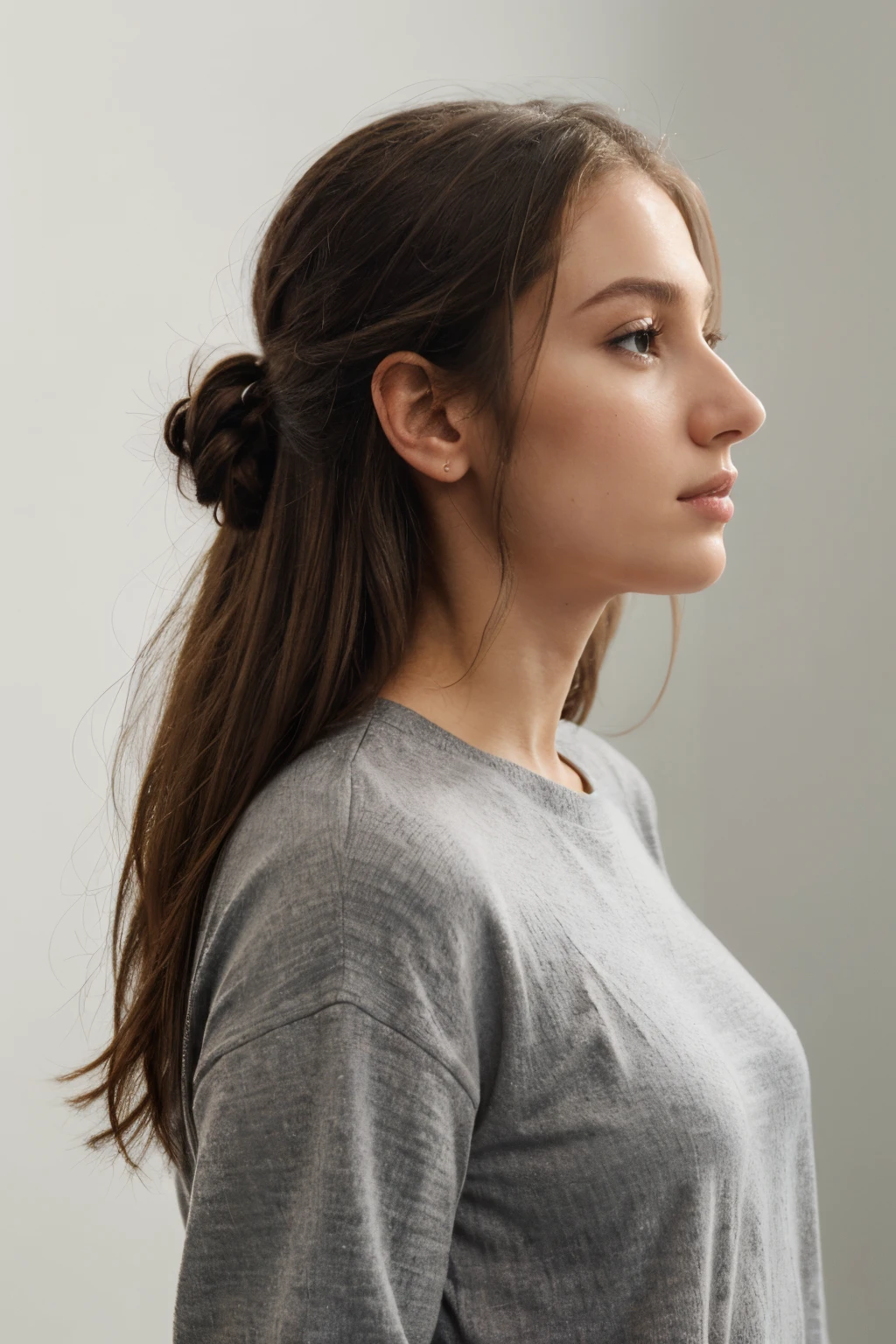 ((best quality)), ((masterpiece)), (detailed), face of a woman in profile with gray clothes and white background