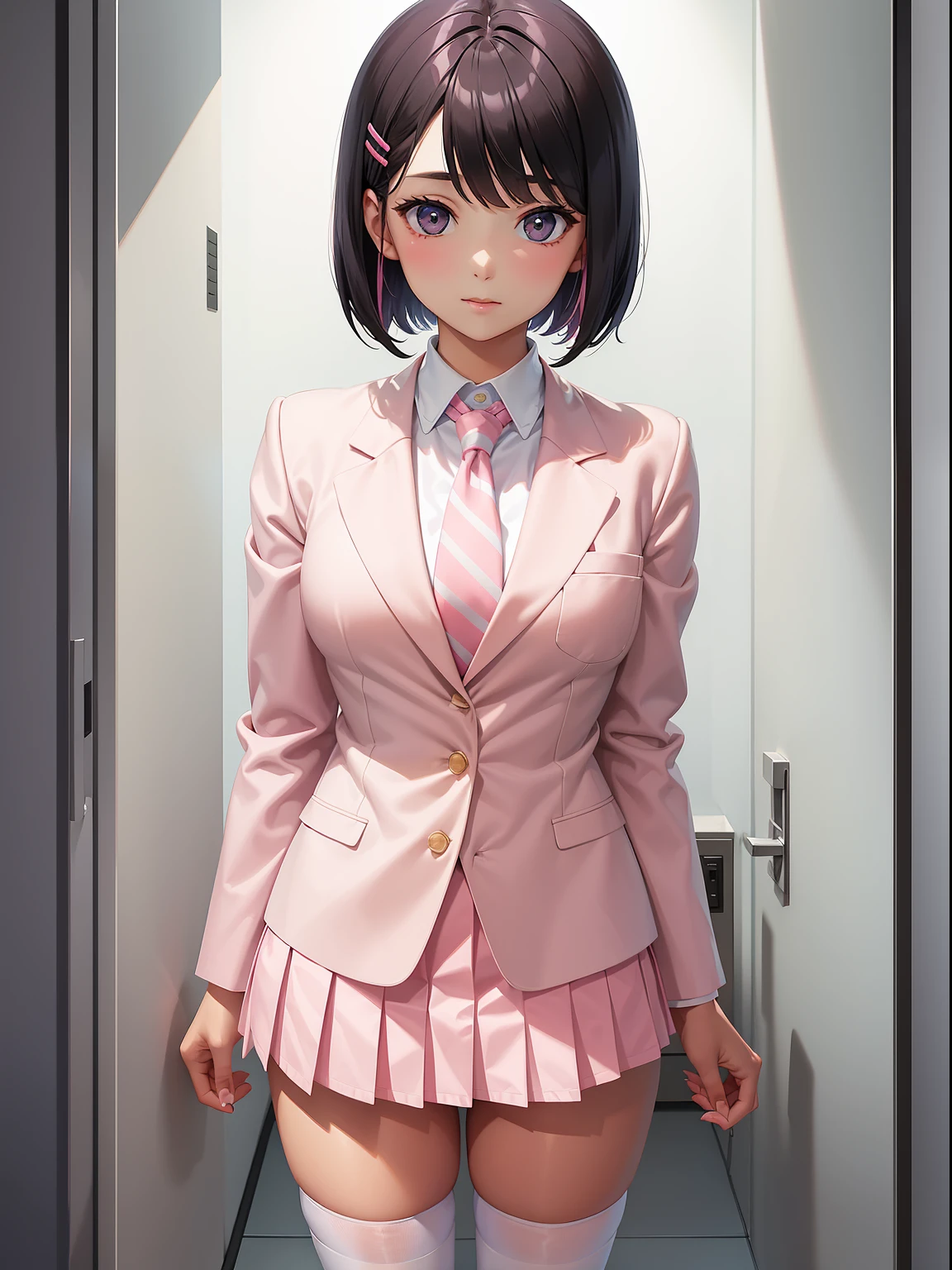 High School Girl, White and pink blazer, Pink super mini skirt, Pink tie, knee high socks, short black bob haircut, Solo, academy、rainbows、brilliance、full bodyesbian, Looking at Viewer, Front view,