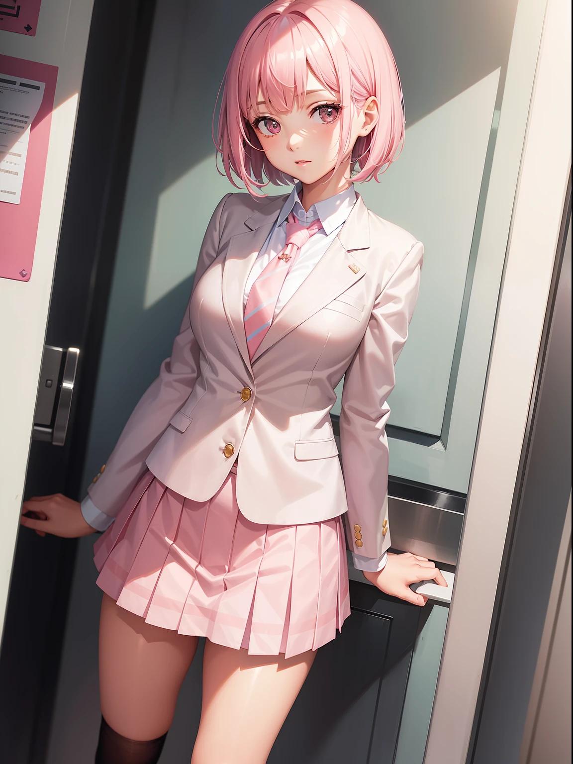 High School Girl, White and pink blazer, Pink super mini skirt, Pink tie, knee high socks, short black bob haircut, Solo, academy、rainbows、brilliance、full bodyesbian, Looking at Viewer, Front view,