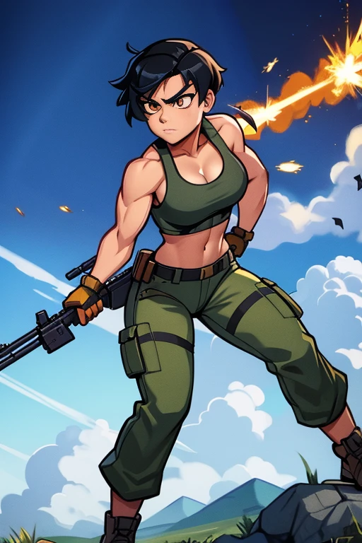 Full body, hq artwork, 24 year old, Filipino Woman, amber eyes, tan skin, short black hair, wearing marine corps uniform, athletic physique, strong muscles, military girl, soldier girl, infantry girl, camouflage uniform, torn tank top, belly button, gloves, torn military pants, small, cleavage, expression of determination, (holding rifle in both hands: 1.3), attack action, face close-up, action with impact, fighting on the battlefield, full body, background is ruined city, most strongest pose, female action anime girl, full body, striking manga artstyle, official art, official artwork, closeup view, badass pose, anime cover, wallpaper!, full art