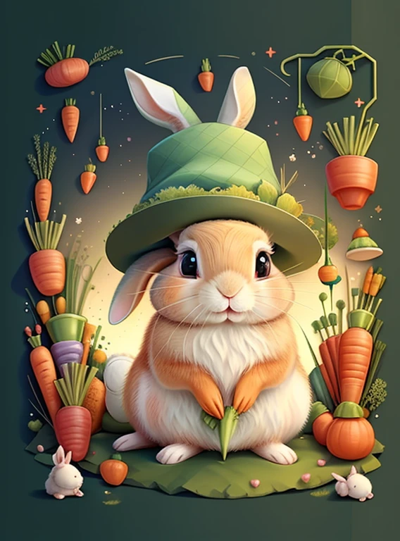 (cute baby rabbit with a green hat and carrots), Munchkin ,Geometric multidimensional wall portrait, livro de arte, Tchibi,
Yang08k, Beautiful, Colouring,
Obras, of the highest quality, best quality, Arte Oficial, Beautiful and Aesthetic,