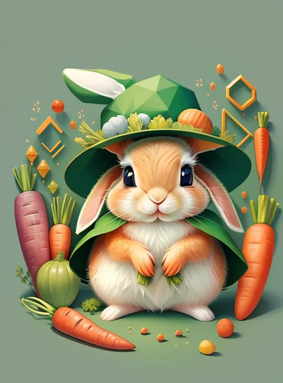 (cute baby rabbit with a green hat and carrots), Munchkin ,Geometric multidimensional wall portrait, livro de arte, Tchibi,
Yang08k, Beautiful, Colouring,
Obras, of the highest quality, best quality, Arte Oficial, Beautiful and Aesthetic,