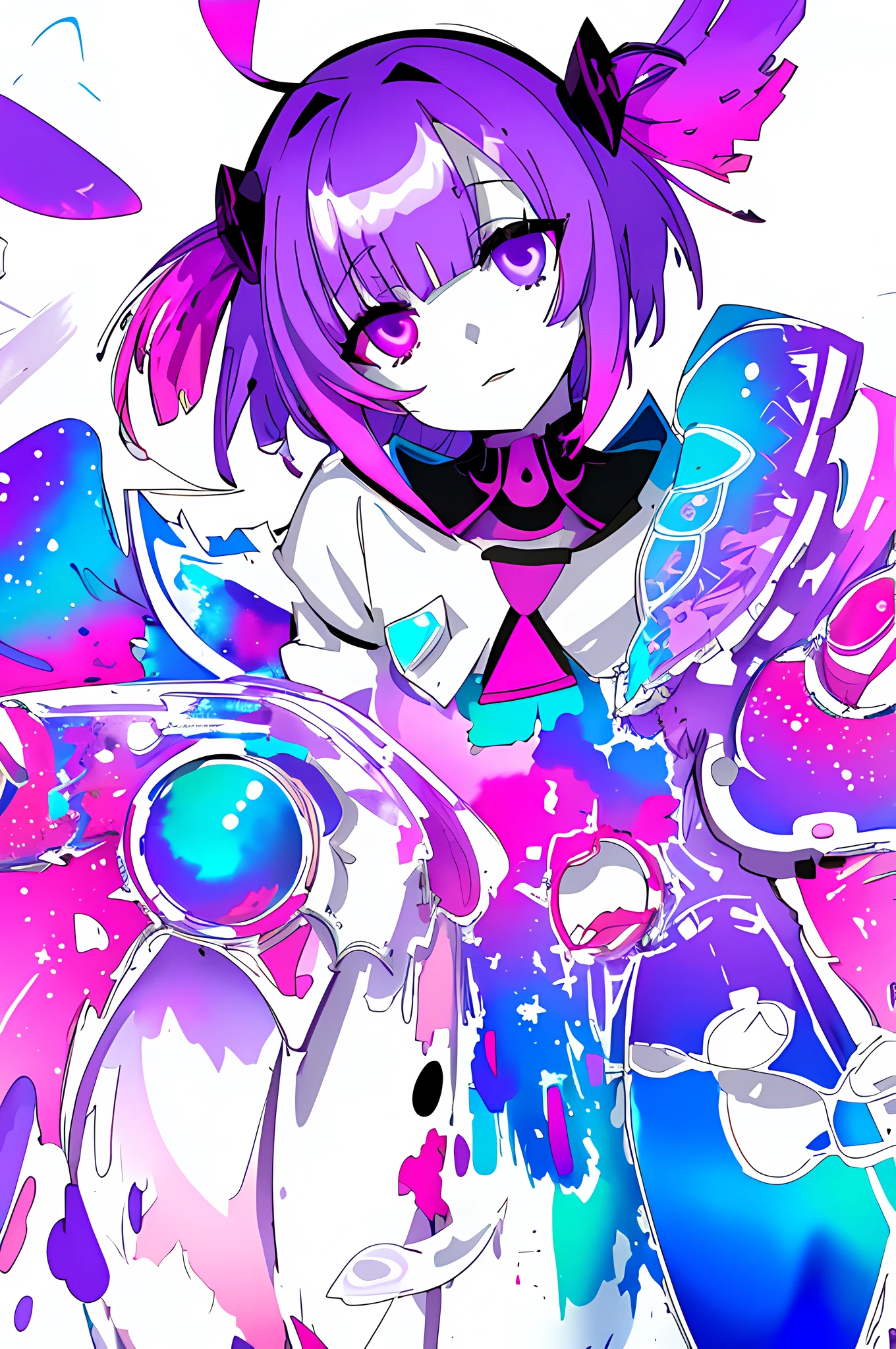 (extremely bright:1.1), white background, [1girl::7], (head tilt:1.2), ([sketch|watercolor \(medium\)]:1.15), (inkblot:1.1), (pale:1.2), chaotic abstract background, vector trace, gradient blending, vibrant colors, superb, extremely detailed, intricate, (extremely low contrast:1.4), purple theme, (glitch:1.1),