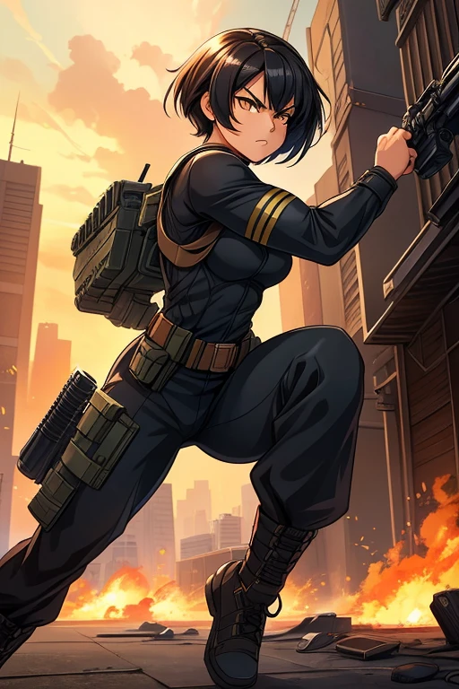 ((1girl, 24 year old, Filipina, tan skin, short black hair, amber eyes)) wearing black combat uniform, athletic physique, strong muscles, military girl, soldier girl, infantry girl, black combat armor, (holding an anti-tank gun), expression of determination, attack action, face close-up, action with impact, fighting on the battlefield, full body, background is ruined city, most strongest pose, female action girl, full body, from side, striking manga artstyle, official art, official artwork, closeup view, badass pose, anime cover, wallpaper!, full art