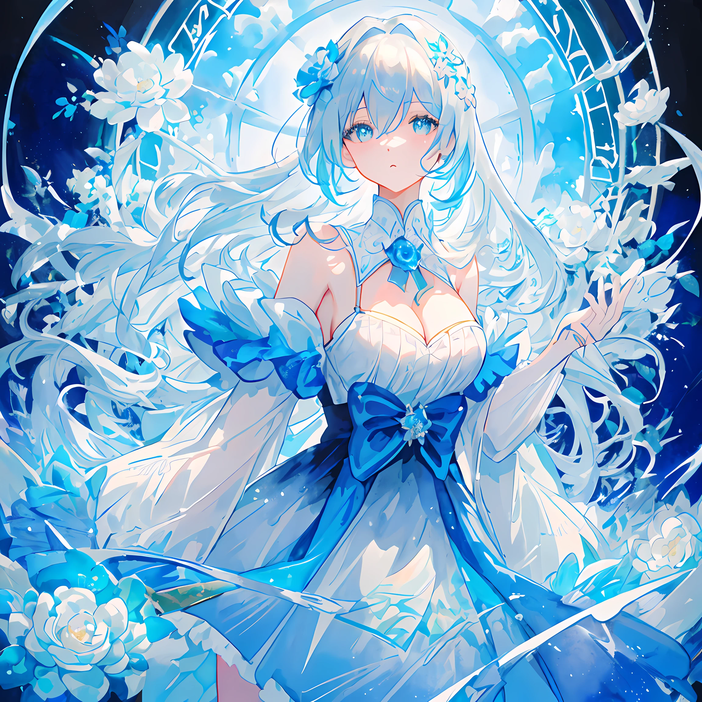 [(white backgrounid:1.4)::5], [(transparent background:1.3)::5],
\\
tmasterpiece,Best quality,extremely detaild的 CG unified 8k wallpapers,White hair,long_the hair,Hair glass flower,Cyan eyes,smallunderboob,Ink painting and watercolor,Blue Themes,Large cleavage_Manteau,Glass frosted,1 busty girl,flat shading,upper part of body,exposed bare shoulders,hiddenhands,pretty eyes,Full body lesbian,sitted,