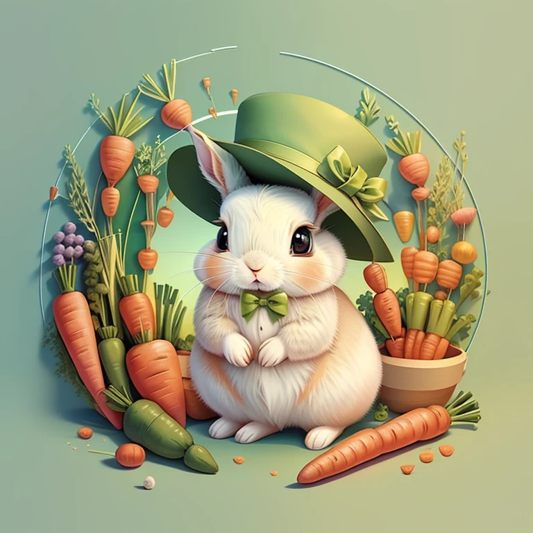 (cute baby rabbit with a green hat and carrots), Munchkin ,Geometric multidimensional wall portrait, livro de arte, Tchibi,
Yang08k, Beautiful, Colouring,
Obras, of the highest quality, best quality, Arte Oficial, Beautiful and Aesthetic,