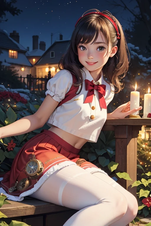 masterpiece, best quality, a girl smiling sitting on the floor, christmas (crop shirt), christmas skirt, white tights, red lolita pumps, holding a steampunk candle, magical garden at night, blue sparkles floating