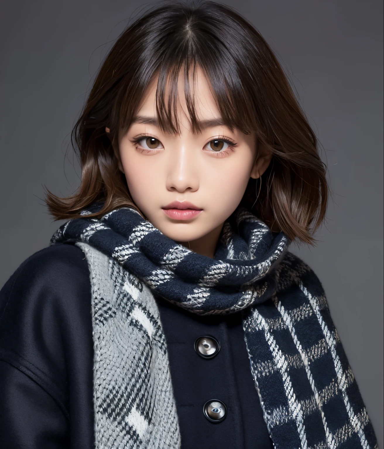 BREAK (dark navy theme:1.3), (Wear a dark blue duffel coat over your school uniform、Only the hem of the skirt is exposed:1.4), (Black and white plaid pleated skirt:1.1), ((Dark brown pantyhose, lowfers):1.2),
BREAK (grey theme:1.3), (gray plaid knit scarf:1.4),