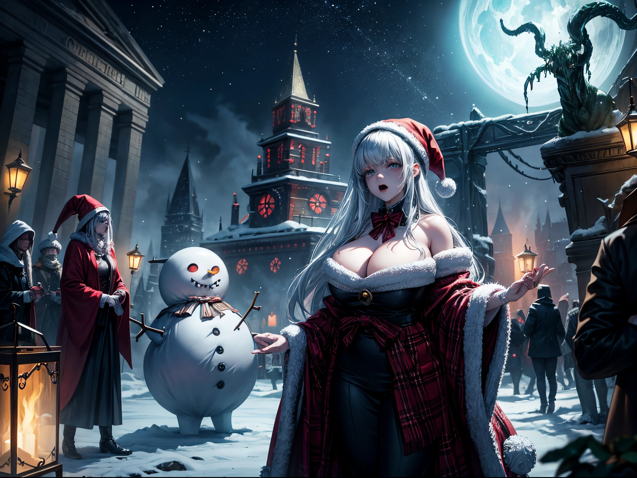 Infuse a dose of horror into the holiday season by creating a Christmas scene with Lovecraftian elements. Picture eldritch snowmen, cosmic horror-inspired ornaments, and a cityscape that merges Christmas cheer with Lovecraftian dread. This prompt combines the magic of Christmas with the unsettling works of Lovecraft. enormous tits