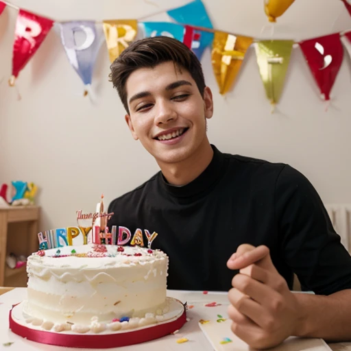 young man celebrating birthday with a birhday cake