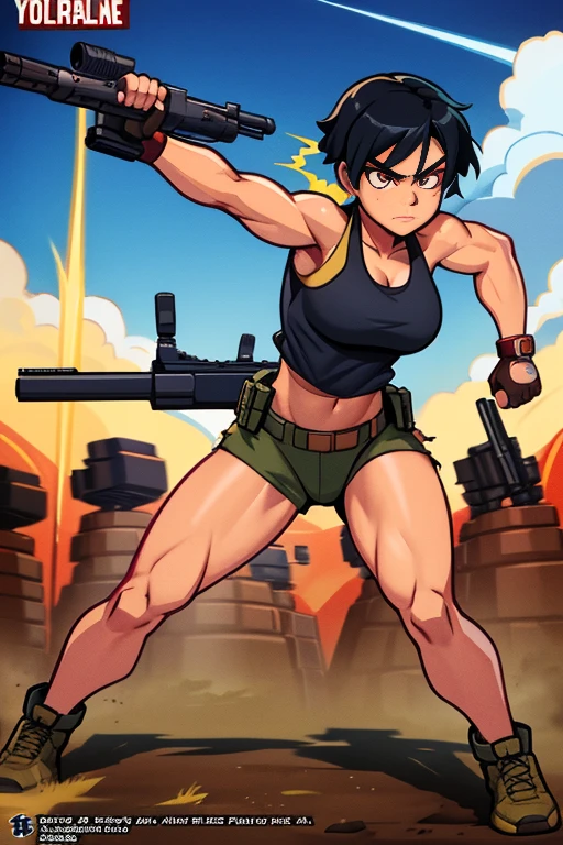 Full body, hq artwork, 24 year old, Filipino Woman, amber eyes, tan skin, short black hair, wearing marine corps uniform, athletic physique, strong muscles, military girl, soldier girl, infantry girl, camouflage uniform, tank top, belly button, gloves, torn military shorts, small, cleavage, expression of determination, (holding rifle in both hands: 1.3), attack action, face close-up, action with impact, fighting on the battlefield, full body, background is ruined city, most strongest pose, female action anime girl, full body, striking manga artstyle, official art, official artwork, closeup view, badass pose, anime cover, wallpaper!, full art