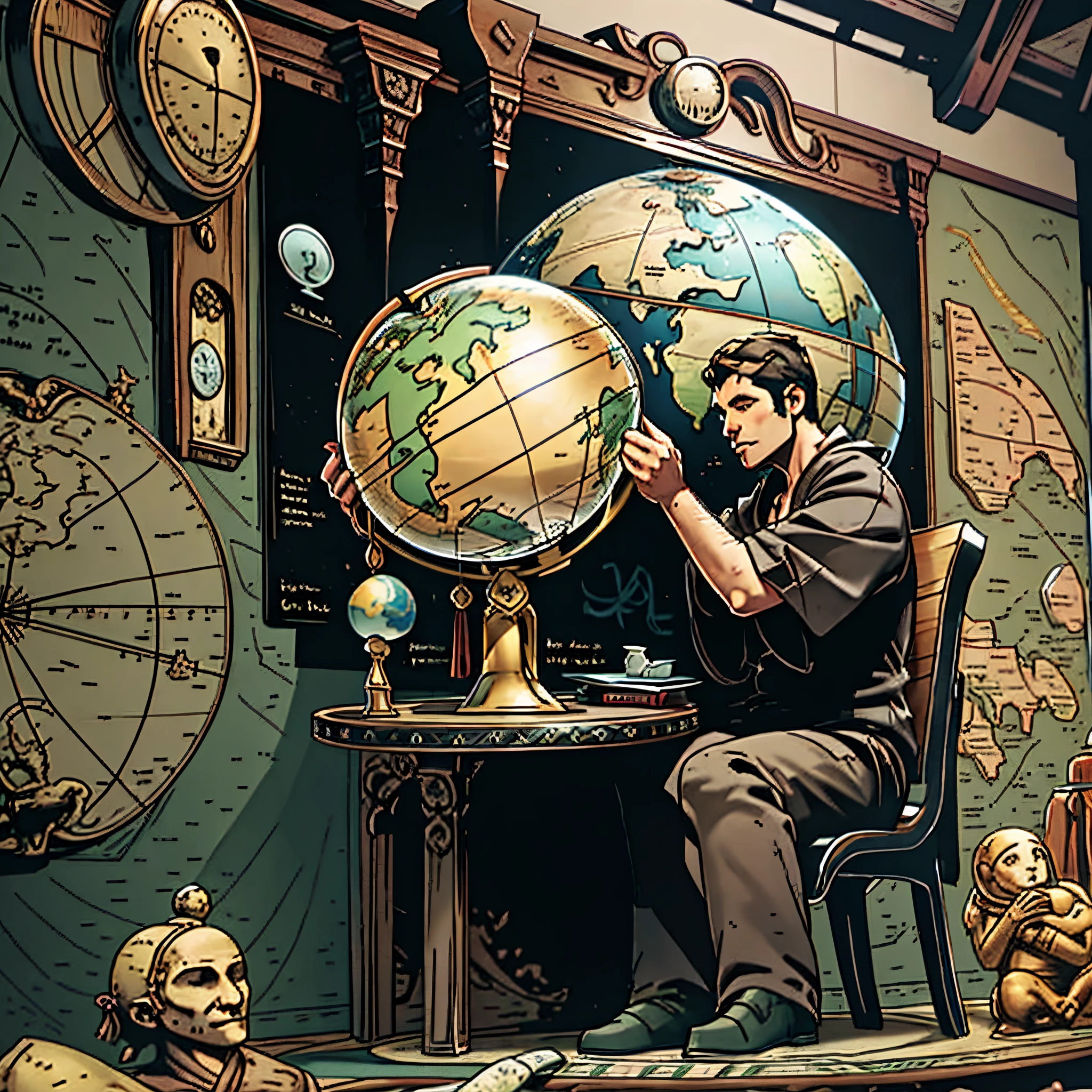 A traveler is sitting on a chair with a globe in front of him on the table and several travellers, and behind him on the wall is a map of the globe, focus on his face, unreal engine --q2