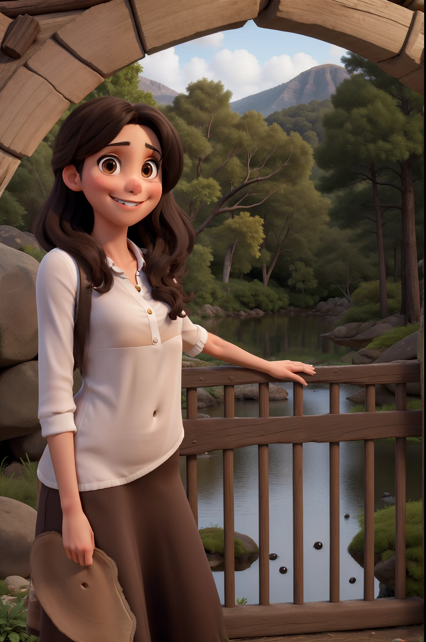 Chica extremadamente hermosa con cabello negro, brown eyes and shy smile.
Foto de cuerpo completo con vestido de fiesta, que se encuentra en un bosque encantado.