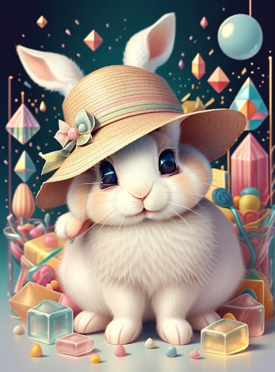 (cute rabbit with a hat and lots of candies), Munchkin ,Geometric multidimensional wall portrait, livro de arte, Tchibi,
Yang08k, Beautiful, Colouring,
Obras, of the highest quality, best quality, Arte Oficial, Beautiful and Aesthetic,