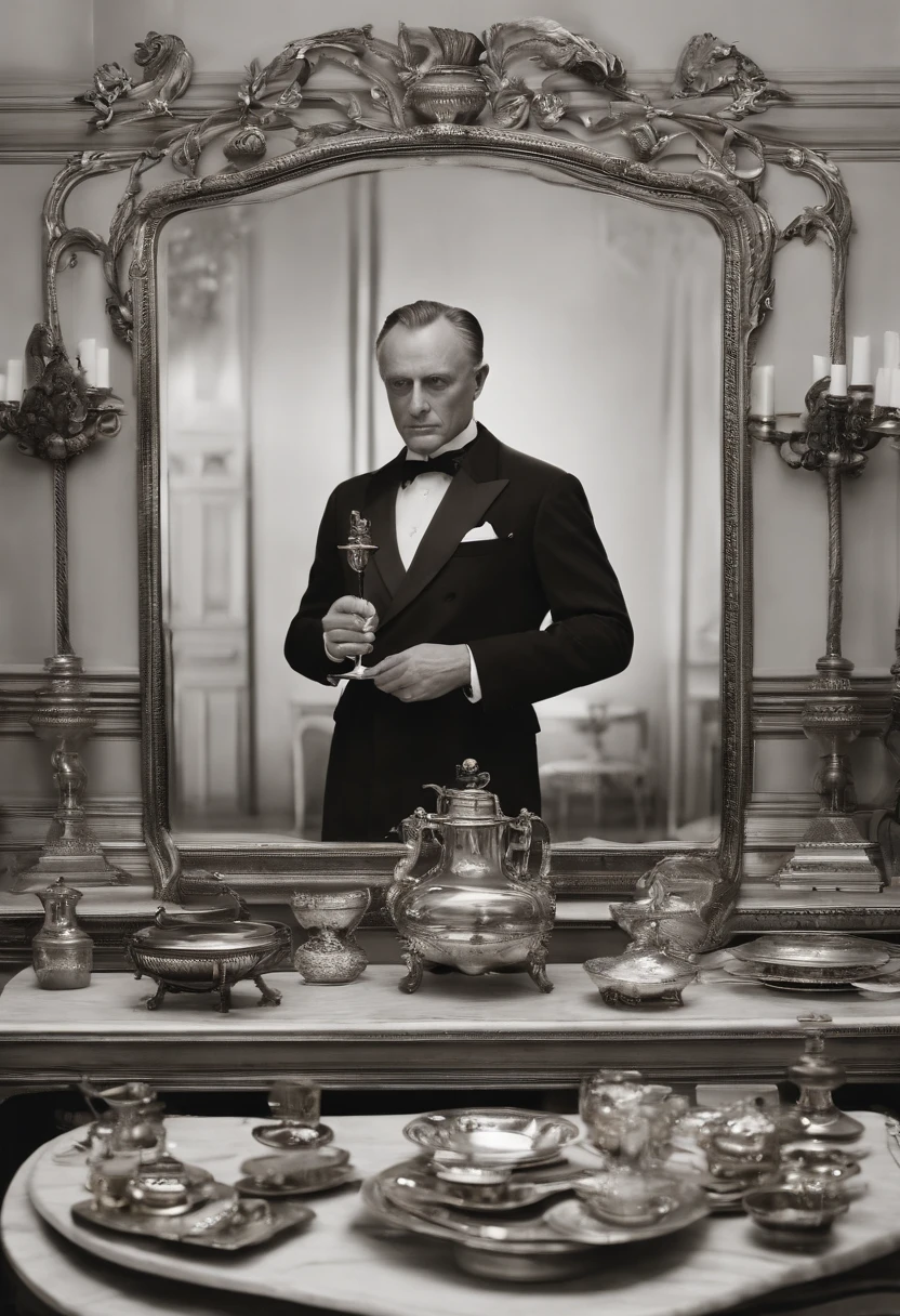 A photo of Hannibal Lecter delicately arranging a collection of vintage silverware on a polished mahogany table,The Silence of the Lambs,Lecter’s appearance is described as being disarmingly ordinary yet neat, with an intense gaze and a hint of predatory sharpness. He often presents himself with impeccable manners, a calm composure, and a precise, almost surgical precision in movement, masking the monster that lies beneath his civilized veneer., male