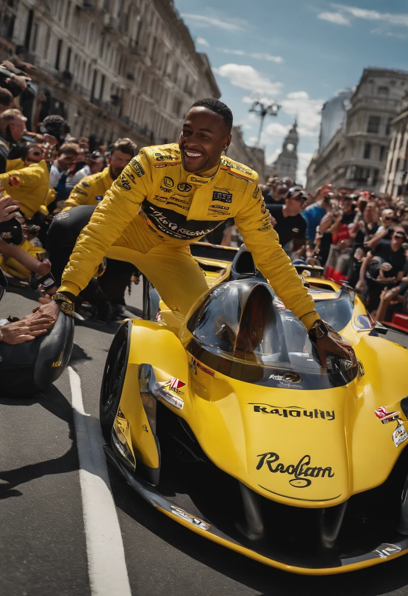 A video of Sterling surrounded by a group of cheering fans, leading a spontaneous dance party in the city streets.,original,Max “Velocity” Sterling, a fictional Formula One champion, is the epitome of speed and charisma on the racetrack. With a sharp, athletic build, his appearance is as flashy as his driving style, often seen in custom racing gear emblazoned with bold logos and his trademark lightning symbol. His hair is styled with the same carefree audacity that he shows behind the wheel, and his confident, roguish smile has made him a heartthrob in the international racing scene. , male